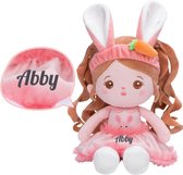 Sandra's Poppenkraam - Abby - knuffelpop - met konijnen oren - lang haar - roze - gratis met naam