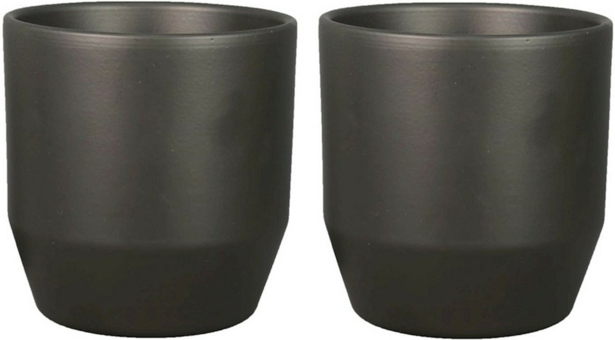 Bela Arte Plantenpot - keramiek - 2x - mat antraciet - D12/H11 cm -