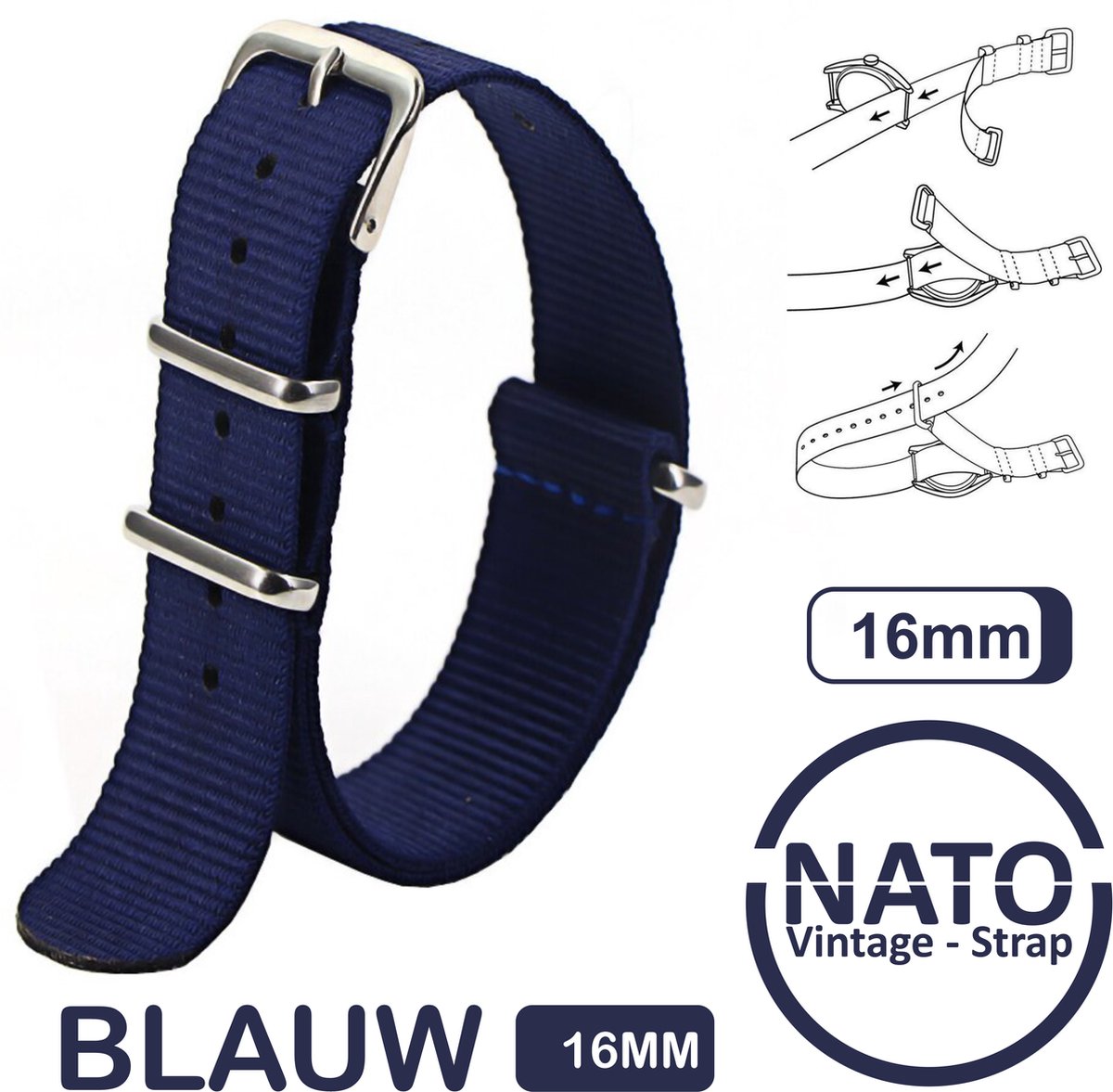 16mm Nato Strap Blauw - Vintage James Bond - Nato Strap collectie - Mannen - Horlogebanden - Blue - 16 mm bandbreedte voor oa. Seiko Rolex Omega Casio en Citizen