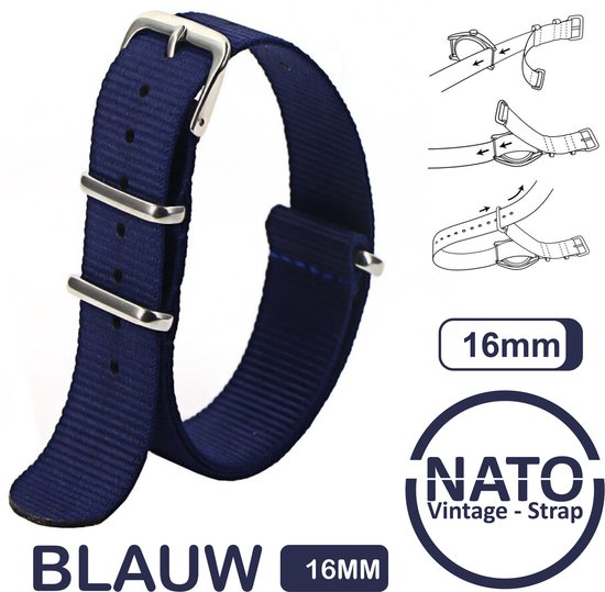 Bracelet Nato 16 mm Blauw - Vintage James Bond - Collection Nato Strap - Homme - Bracelets de montre - Blue - Largeur de bande 16 mm pour, entre autres. Seiko Rolex Omega Casio et Citizen