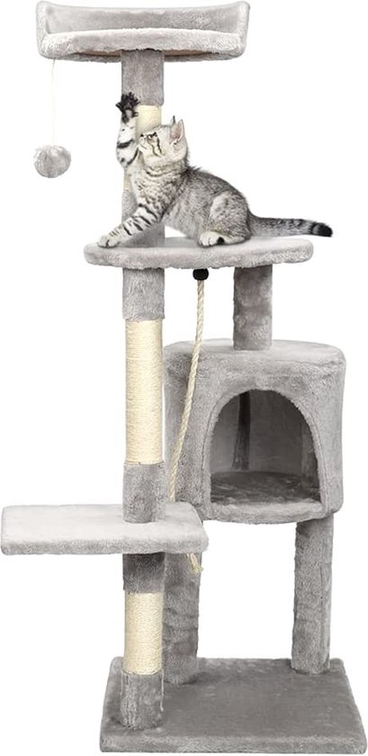 Yaheetech Krabpaal, klimboom, 203 cm hoog, stabiele kattenboom met 3 platforms, 3 krabzuilen, 2 holtes, pluche ballen, kattenmeubels, beige