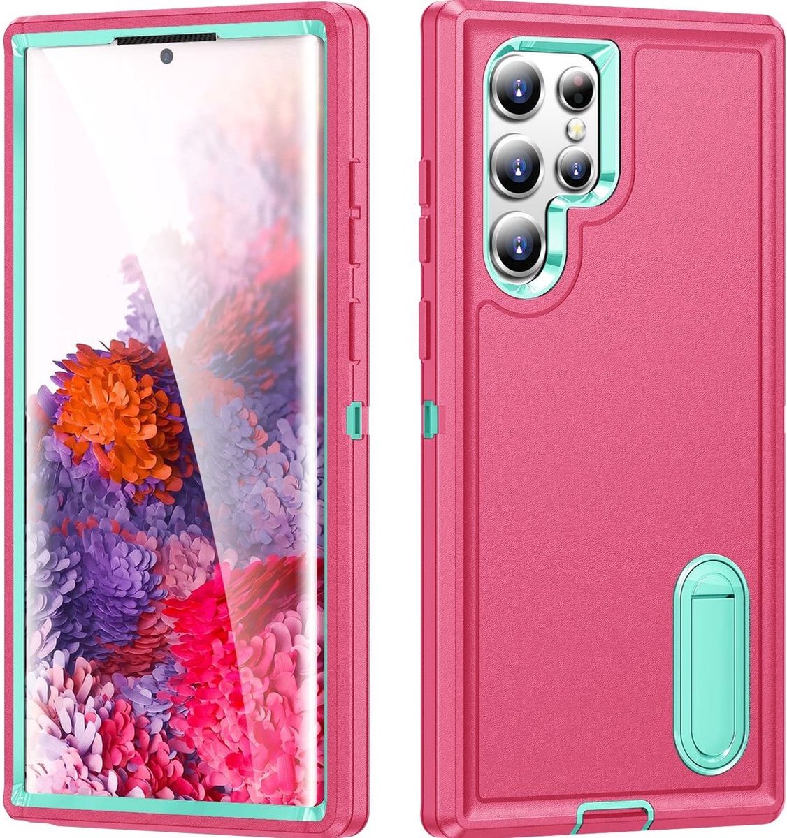 Mobigear Hoesje geschikt voor Samsung Galaxy S23 Ultra Telefoonhoesje Hardcase | Mobigear Rugged Stand Backcover Shockproof met Standaard | Schokbestendig Galaxy S23 Ultra Telefoonhoesje | Anti Shock Proof - Roze