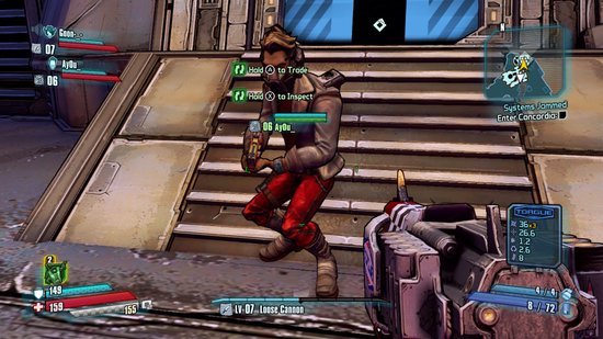 Gameplay-weergave van Borderlands, een man met een bruine jas en rode broek, wapen in de hand.
