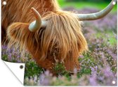 Tuinposter - Tuindoek - Tuinposters buiten - Schotse Hooglander - Hoorns - Heide - 120x90 cm - Tuin