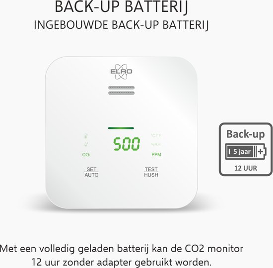 CO2 monitor met ingebouwde back-up batterij. Geeft '500' CO2 PPM aan. Met 5 jaar batterij en 12 uur gebruik.