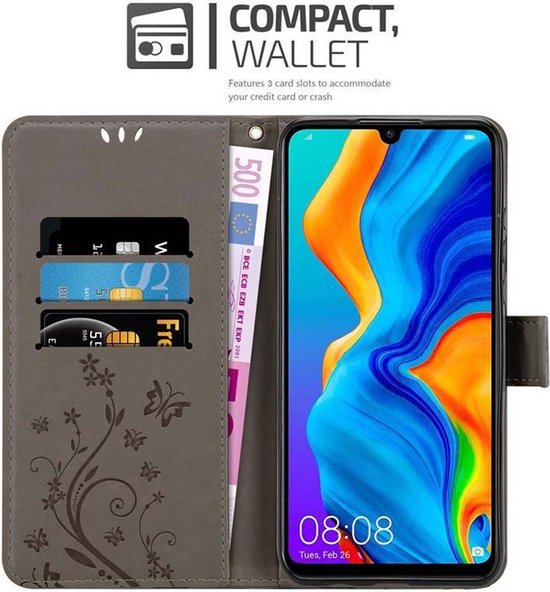 Cadorabo Hoesje geschikt voor Huawei P30 LITE in BLOEMEN GRIJS - Beschermhoes in bloemmotief met magnetische sluiting, standfunctie en kaartsleuven Book Case Cover Etui
