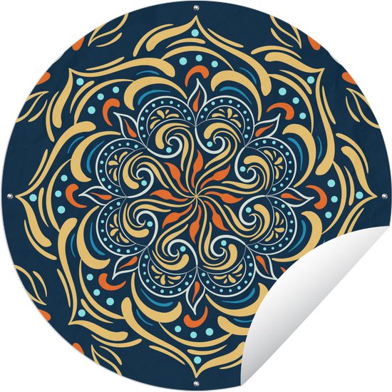 Tuincirkel Mandala - Geel - Wit - Patronen - 60x60 cm - Ronde Tuinposter - Buiten