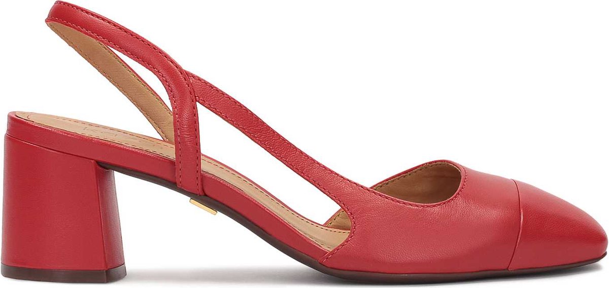 Red pumps with an uncovered heel