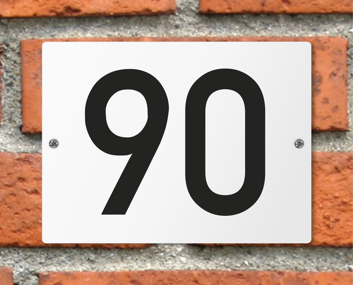 Huisnummerbord wit - Nummer 90 - standaard - 16 x 12 cm - schroeven - naambord - nummerbord - voordeur