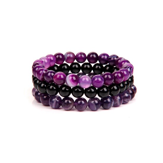 Bixorp Gems Purple Agate + Onyx + Amethyst Gemstones Bracelets Set - Bracelets de perles de pierres précieuses - Cadeau pour elle - Cadeau pour la Saint-Valentin