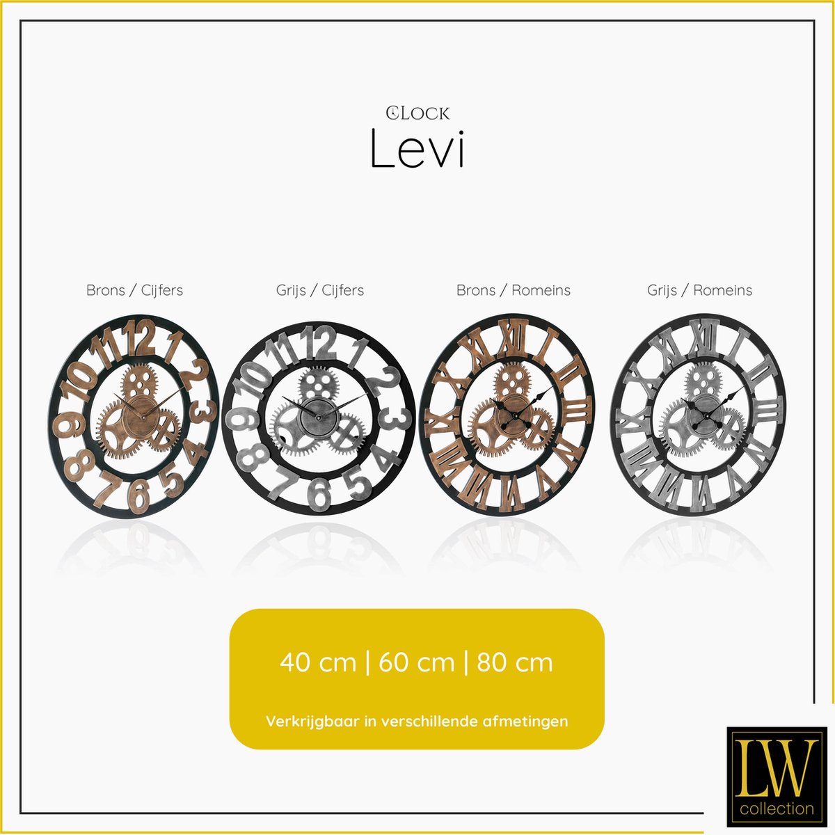 LW Collection Wandklok grijs zwart 40cm - Kleine houten landelijke klok met tandwielen - Industriële wandklok stil uurwerk — cadeau in Wonen & Interieur - foto 7