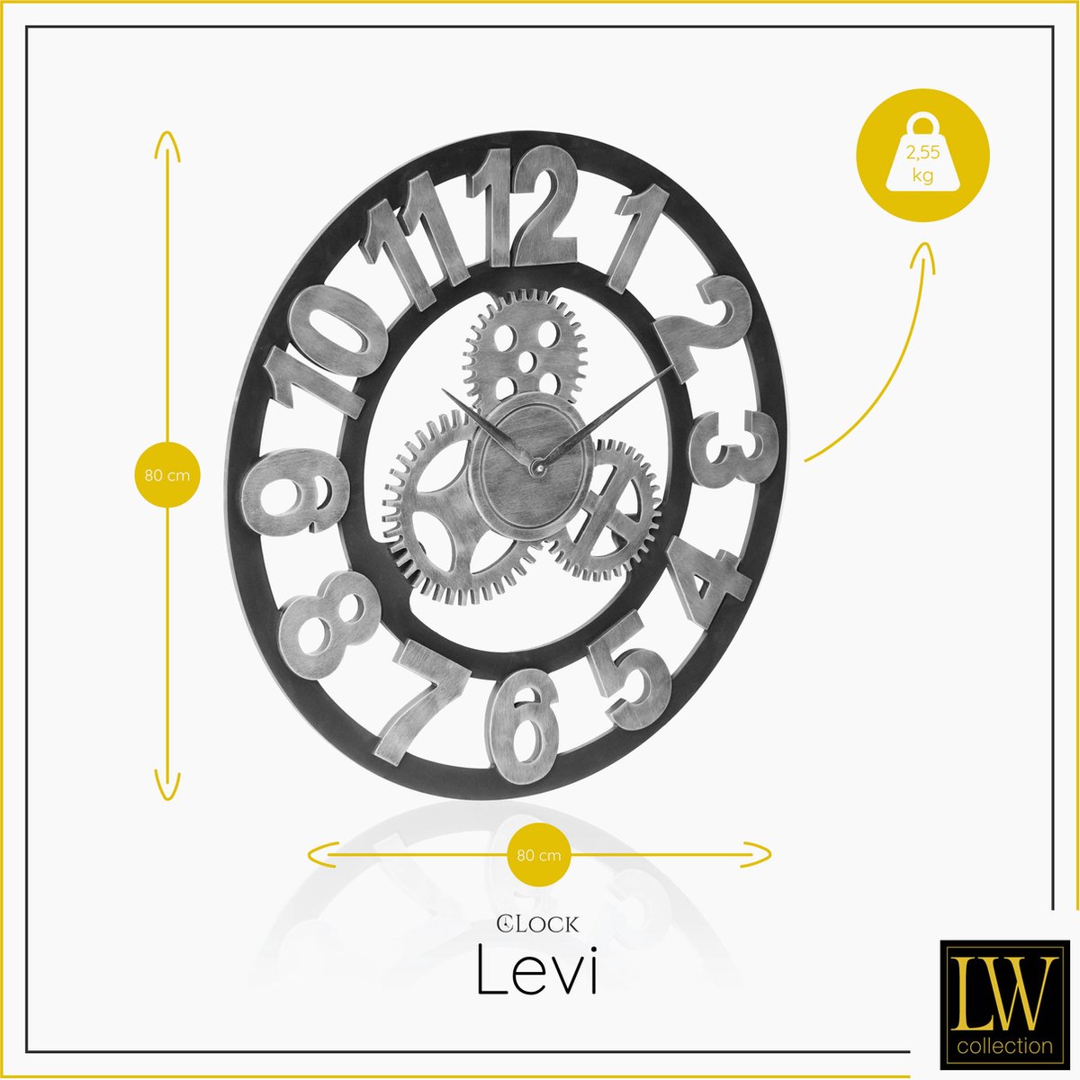 LW Collection XL Wandklok zwart grijs hout 80cm - Grote Industriële wandklok - Wandklok met tandwielen - Landelijke klok stil uurwerk — cadeau in Wonen & Interieur - foto 2