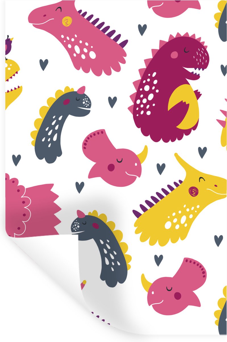 Muursticker kinderen - Muurstickers kinderkamer - Dino - Patronen - Kind - Roze - Meisjes