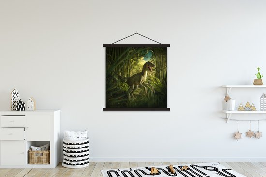 illustration d'un Vélociraptor dans une jungle verte luxuriante affiche école lattes plates noir 90x90 cm - Tirage photo sur poster textielposter (décoration murale salon / chambre)