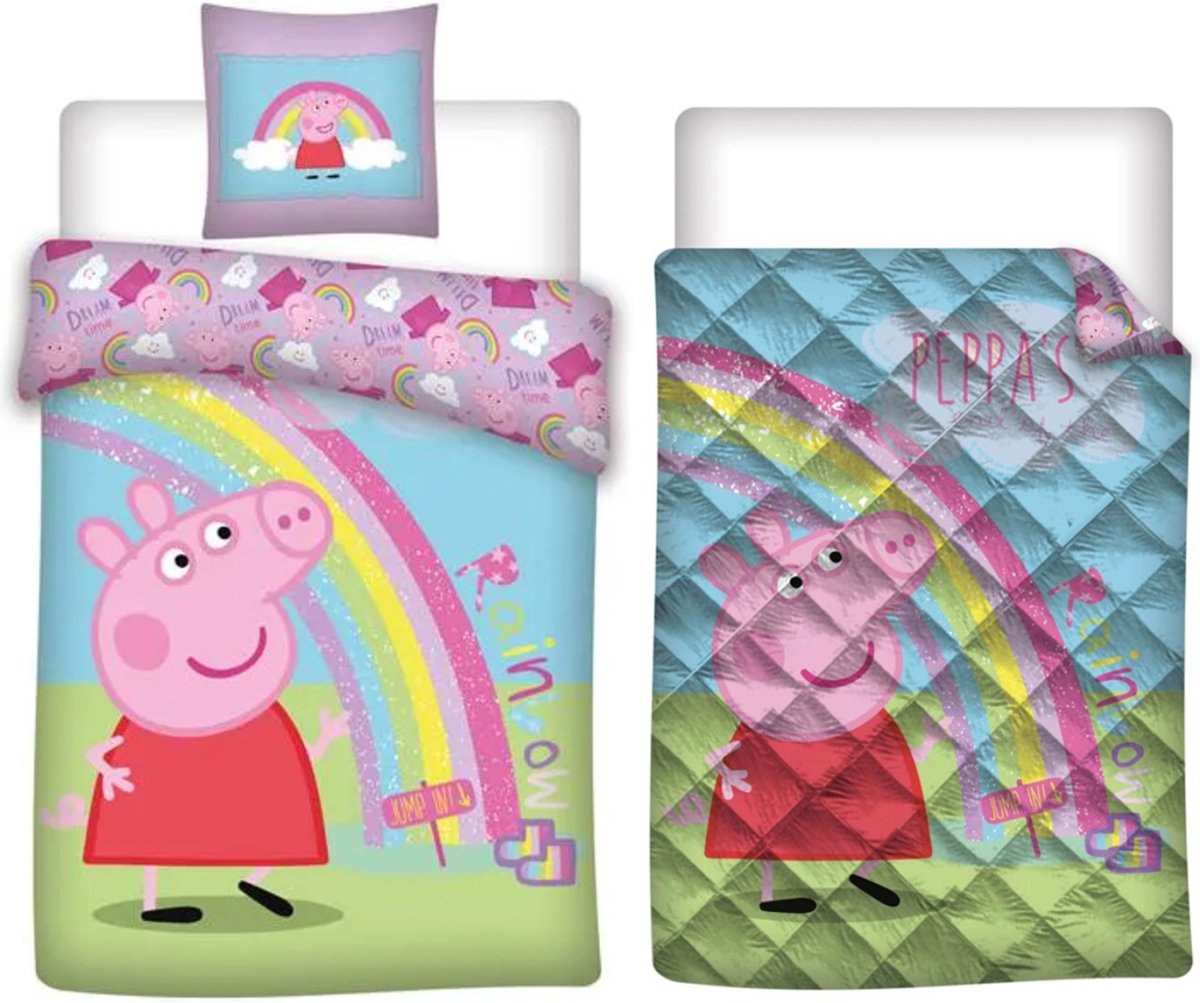 Dekbedovertrek Peppa Pig- 140x200- Polyester- dubbelzijdig- incl. Peppa Pig Bed-sprei- deken- quilt - bedrukt gewatteerd- 140 x 200 cm