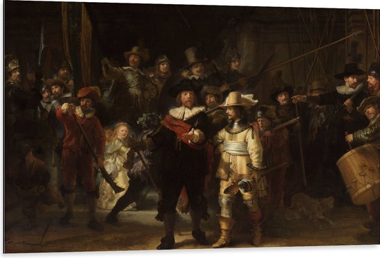 Dibond - De Nachtwacht, Rembrandt van Rijn, 1642 - Oude Meesters - 105x70 cm Foto op Aluminium (Met Ophangsysteem)