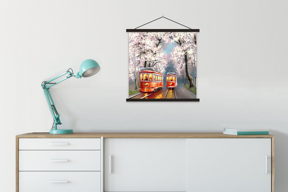 Posterhanger incl. Poster 60x60 cm - Schoolplaat - Schilderij - Olieverf - Tram - Bloesemb