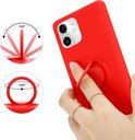 Lichtrode telefoonhoes met ringstandaard, met weergave van 180° en 360° rotatie.