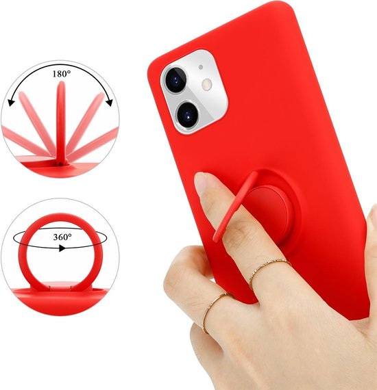 Lichtrode telefoonhoes met ringstandaard, met weergave van 180° en 360° rotatie.