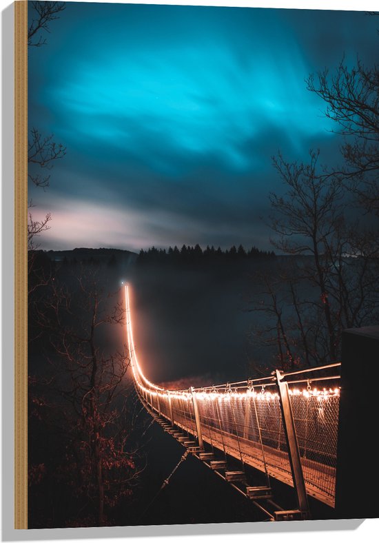 Hout - Verlichte Brug in Nacht - 50x75 cm - 9 mm dik - Foto op Hout (Met Ophangsysteem)