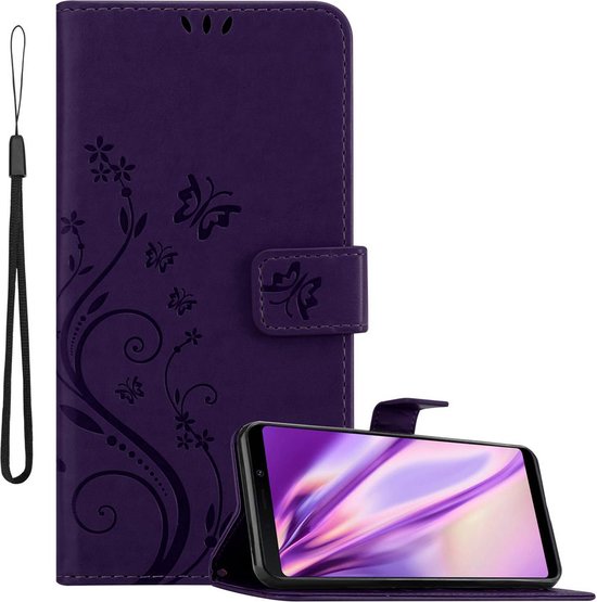 Étui de téléphone violet avec imprimé floral, dragonne, et téléphone en mode support.