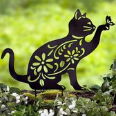 Bouchon de jardin en métal - chat attrape un papillon - décoration de jardin - noir