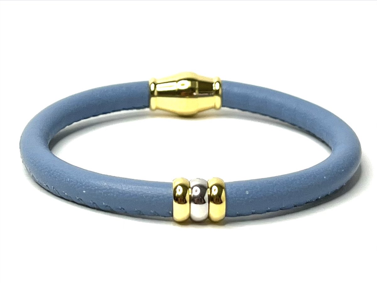 Nieuw! Jolla - dames armband zilver - leer - magneetsluiting - bedels - tweekleurig - Single Ladies Gold - Ice Blauw