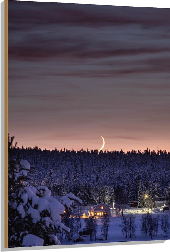 WallClassics - Hout - Smalle Maan boven Huisje in het Bos met Sneeuw - 80x120 cm - 9 mm dik - Foto op Hout (Met Ophangsysteem)