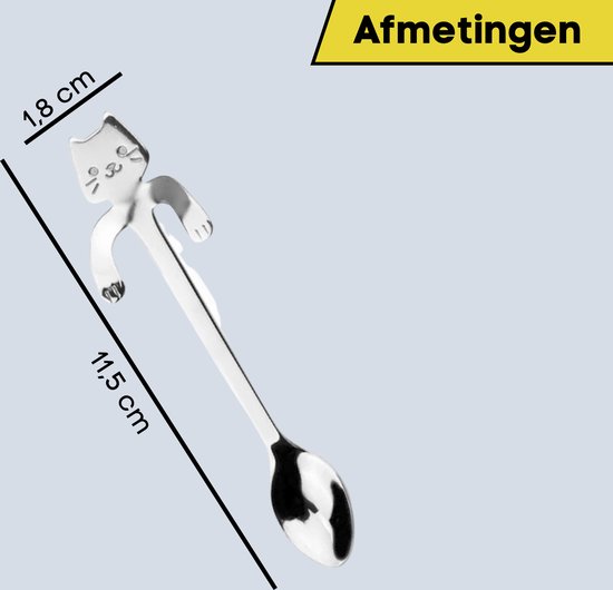 Zilverkleurige lepel met hangend kattenfiguur, 11,5 cm lang.