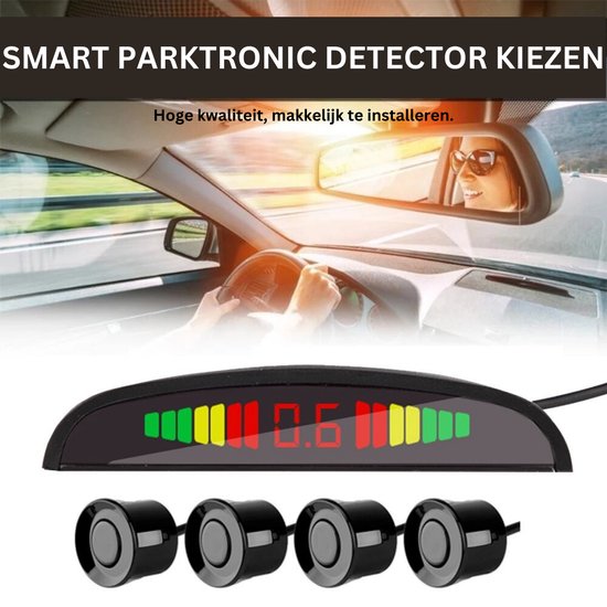 AUTOUTLET Parkeerhulp, Parkeersensoren, PDC Achteruitrijwaarschuwer, 4 Sensoren, Universele Auto Achteruit Parkeerhulp Achteruit Audio Buzzer Alarm Kit Lcd Display Dc 12 V Sensordiameter 22 Mm Zw