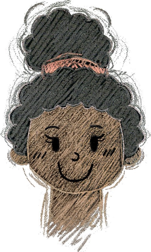 Getekend gezicht van een meisje met donker krullend haar opgestoken, met donkere huidskleur.