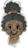 Getekend gezicht van een meisje met donker krullend haar opgestoken, met donkere huidskleur.