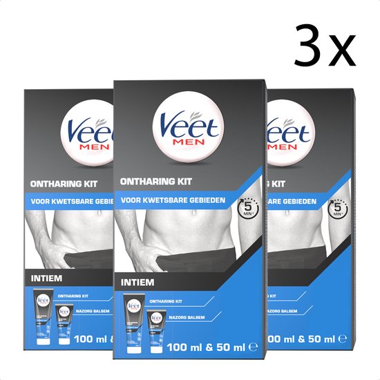 Drie verpakkingen van de Veet Men ontharingskit voor intieme gebieden, elk met 100ml crème en 50ml nazorg balsem.
