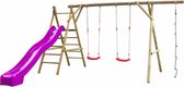 Balançoire double en bois avec toboggan 300cm violet et corde d'escalade Noortje – 450x360x230cm - SwingKing
