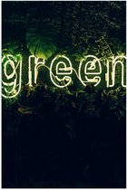 Poster Glanzend – ''GREEN'' Neon Letters tussen Struiken - 70x105 cm Foto op Posterpapier met Glanzende Afwerking