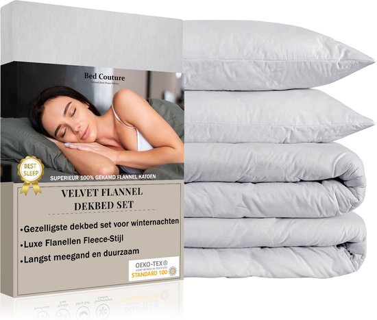 Bed Couture - Velvet Flanel Dekbedovertrek set - 100% Katoen Extra zacht en Warm - 155x220 + 2 kussenslopen 65x65 - Warm Grijs