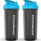 KitchenMonster® Shakebeker Bidon 700 ml - Set van 2 stuks - Shaker inclusief Mixfilter - Proteïne Shaker Zwart met Blauw