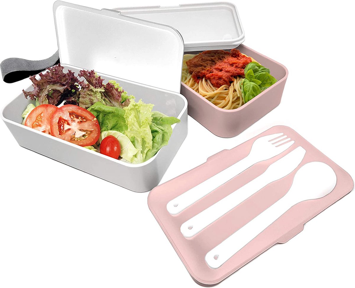 Lunch dubbele box, 2 luchtdicht en 3 solide bestek, magnetron en vaatwasser, duurzaam, gezond en mooi, geschikt voor volwassenen en kinderen, roze, 18,5 x 11,1 x 10 cm