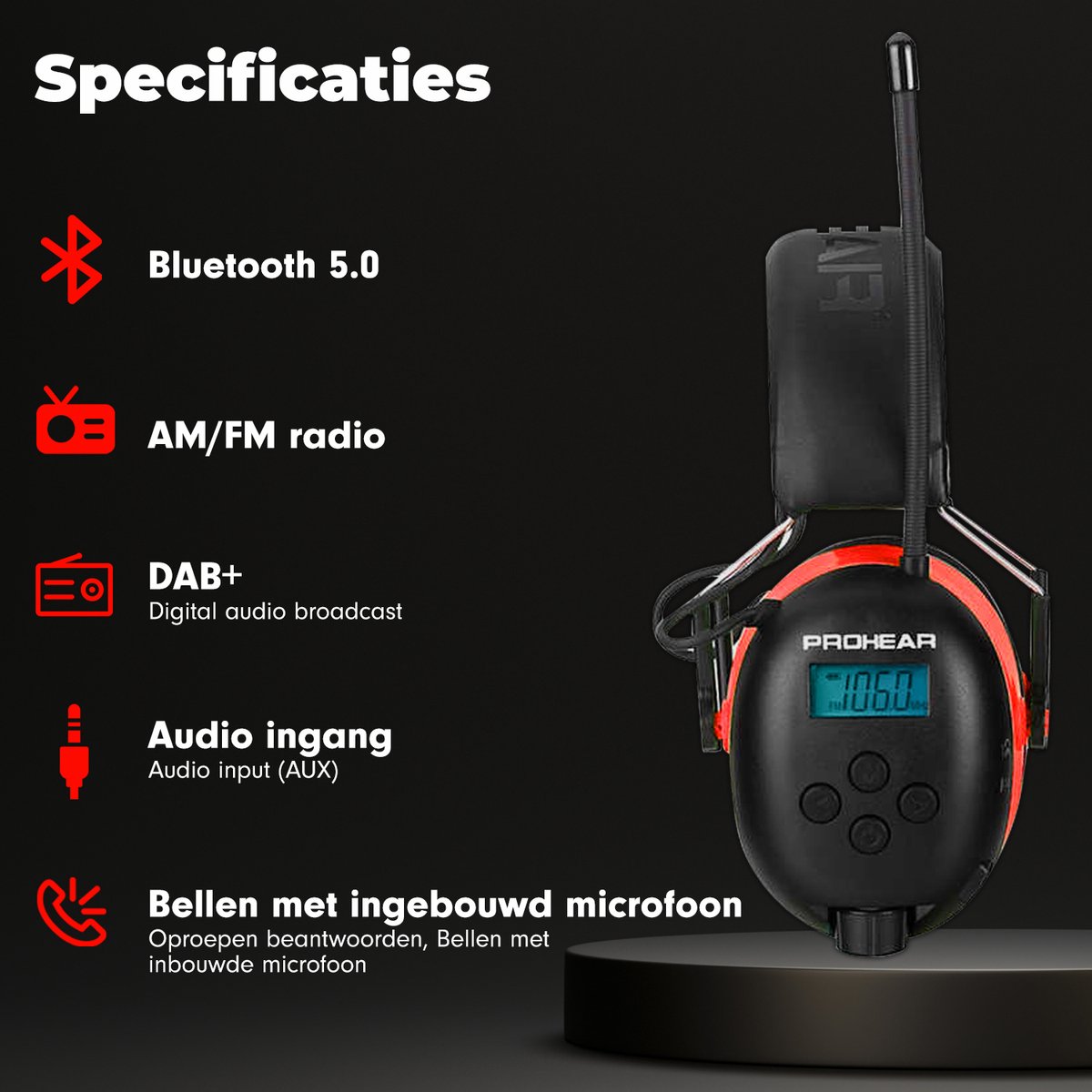 PROHEAR 033A DAB draadloze Bluetooth oorverdedigers met FM-radio, oplaadbare hoofdtelefoon met PROHEAR 033A DAB draadloze Bluetooth oorverdedigers met FM-radio, oplaadbare hoofdtelefoon met