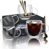 JNSMFC dubbelwandige glazen koffiemokken met 4 lepels, 250 ml set van 4 geïsoleerde glazen koffiemokken met handvat, heldere koffiemokken voor cappuccino, espresso, latte, thee, hittebestendige glazen om te drinken