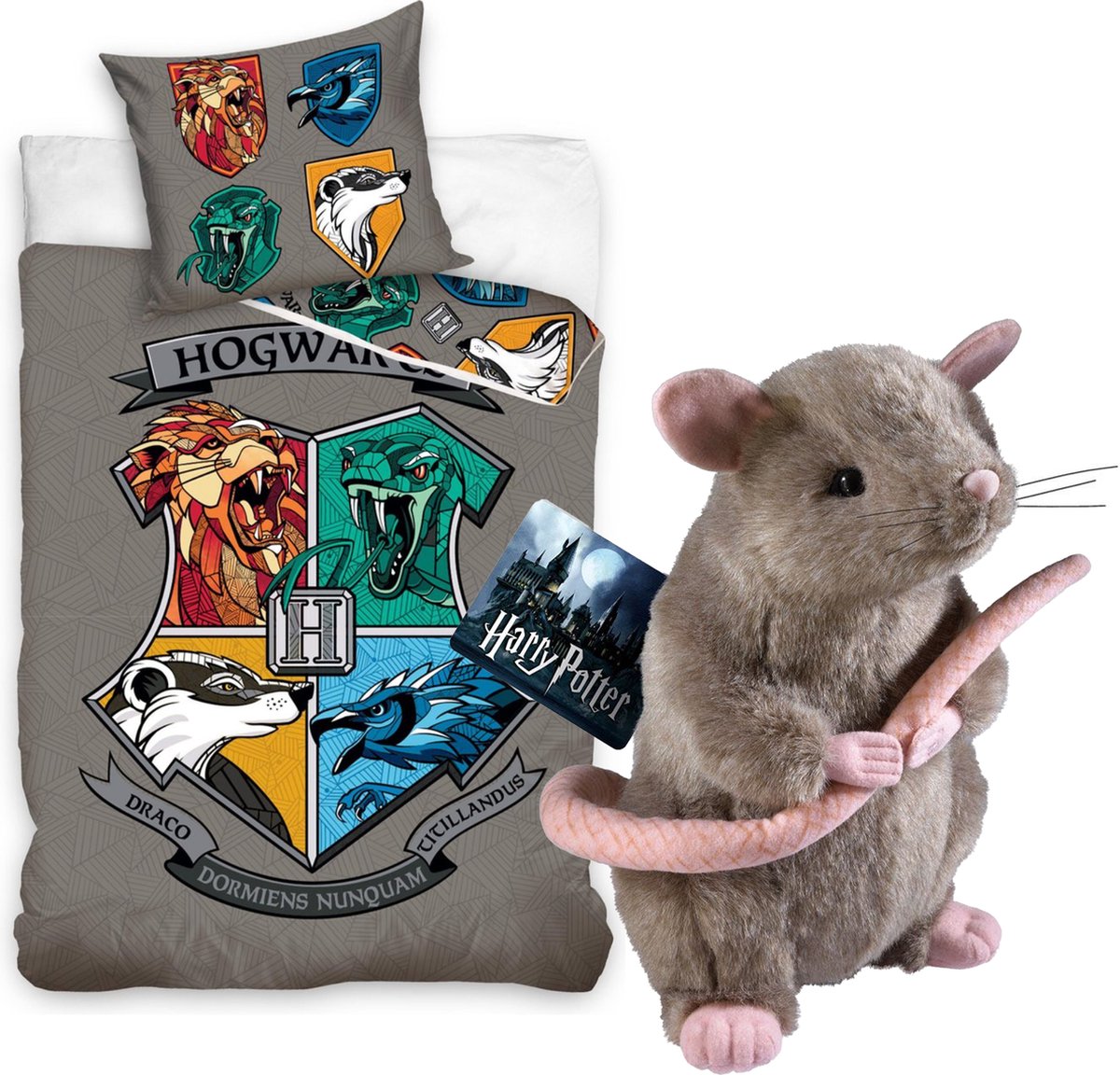 Harry Potter Zweinstein Color Logo- grijs Dekbedovertrek - Eenpersoons - 140x200 cm -katoen- Reversible- incl. Pluche rat