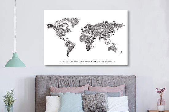 Wereldkaart en toile - Citation - Empreinte digitale - 180x120 cm - Décoration murale