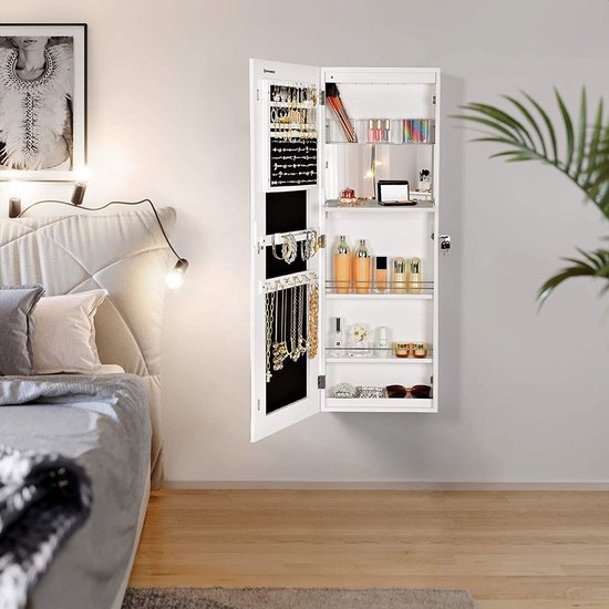 GOPLUS Sieradenkast met spiegel, sieradenkast voor wand/hangend, met grote opbergruimte, spiegel over de volledige lengte, geïntegreerde make-upspiegel, wandmontage/ophangen aan de deur, wit