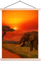 Posterhanger incl. Poster 120x160 cm - Schoolplaat - Olifant - Zonsondergang - Oranje - Savanne - Dieren - Textielposter - Blanke latten
