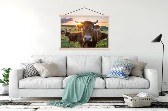 Porte-affiche avec affiche - Affiche scolaire - Vaches - Soleil - Pâturage - Campagne - 150x100 cm - lattes vierges