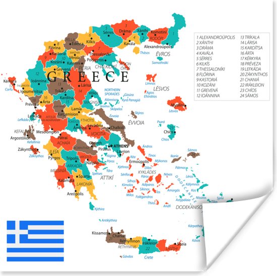 Poster Kleurrijke kaart van Griekenland - 75x75 cm