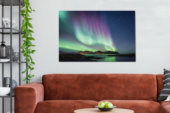 Aurores boréales colorées sur toile de Norvège européenne 140x90 cm - Tirage photo sur toile (Décoration murale salon / chambre)
