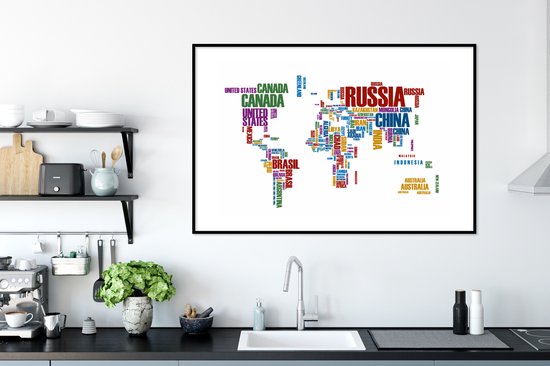 Affiche avec cadre Cartes du monde du Wereldkaart - Lettres - Couleurs - Cadre photo noir - 120x80 cm - Affiche avec cadre