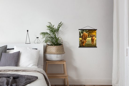 Porte-affiche avec affiche - Affiche scolaire - Highlanders écossais - Veau - Automne - 40x40 cm - Lattes noires