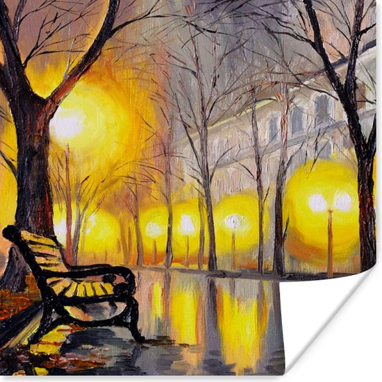 Poster Schilderij - Bank - Water - Licht - Olieverf - 75x75 cm